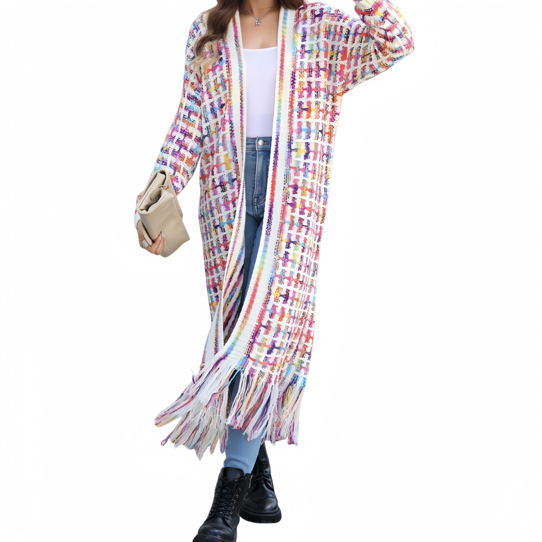 Elegant Colorful Long Cardigan Sweater Womens Large Size Knitted Sweater Coat